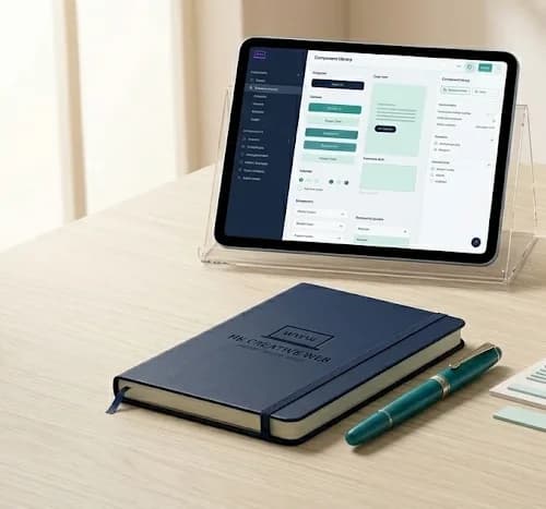 A notebook, fountain pen and tablet showing a website design tool on a wooden desk