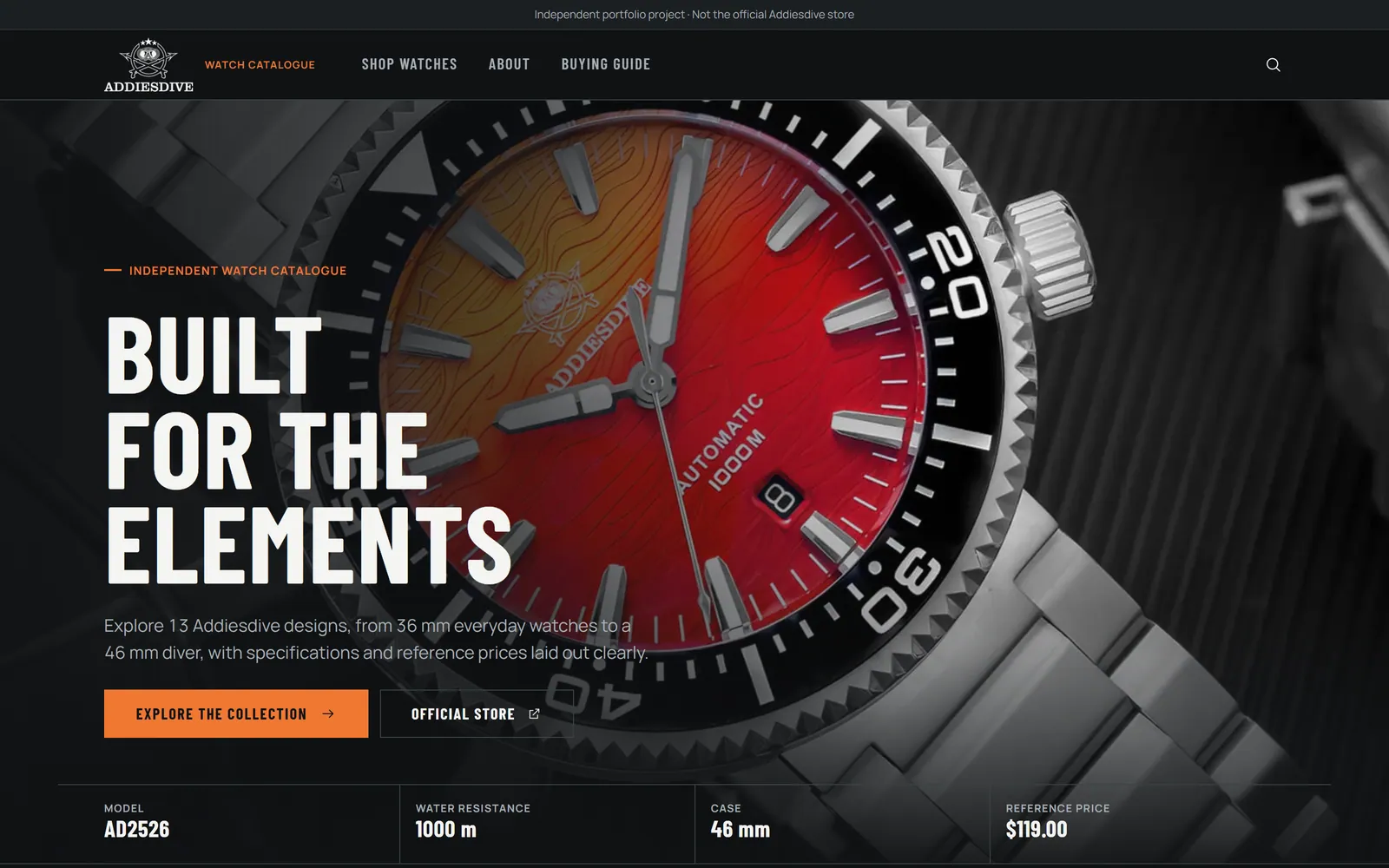 Addiesdive Watch Catalogue homepage with the Built for the Elements hero