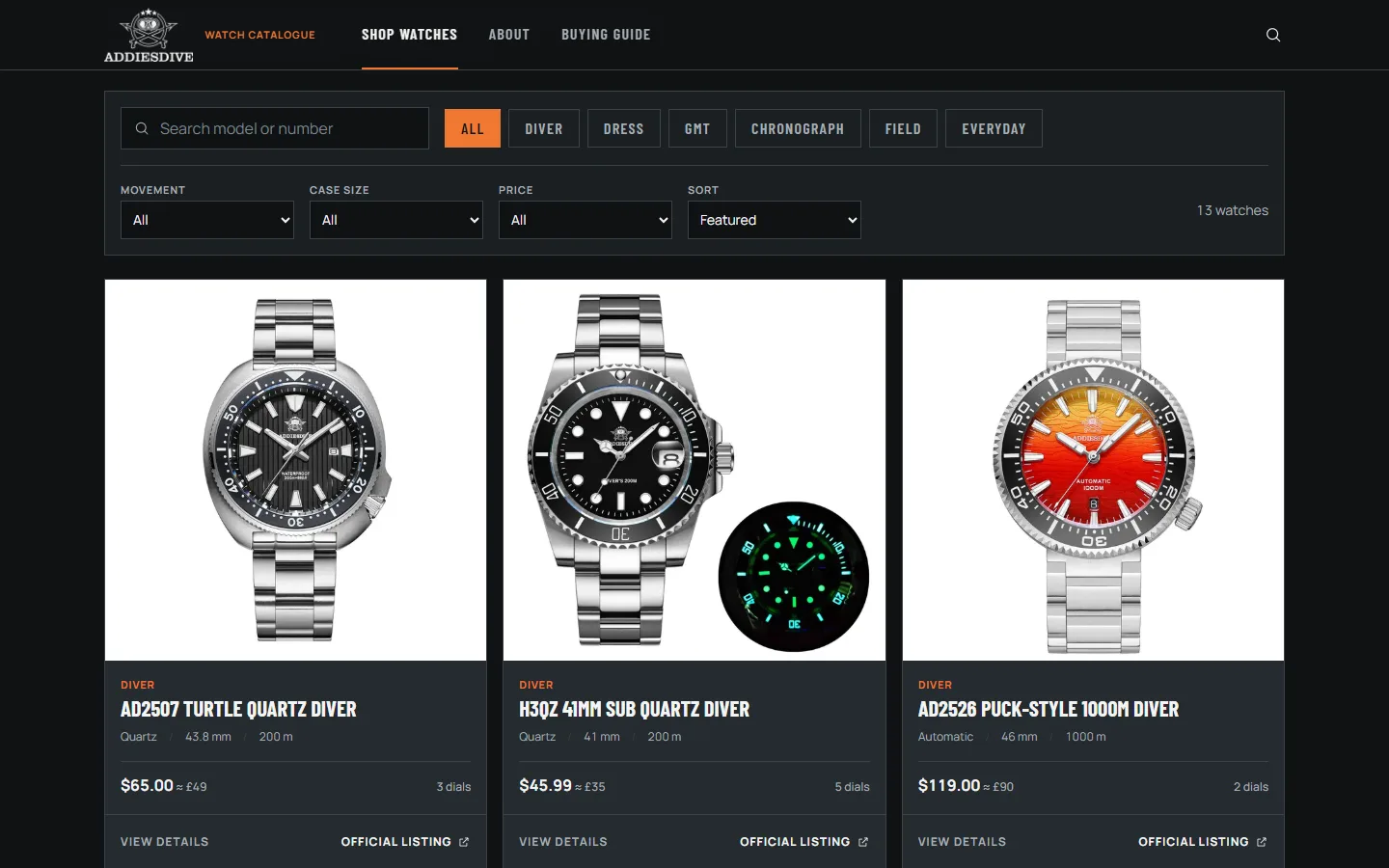 Addiesdive Watch Catalogue shop page with search, type filters and watch cards showing USD prices, GBP equivalents and official listing links