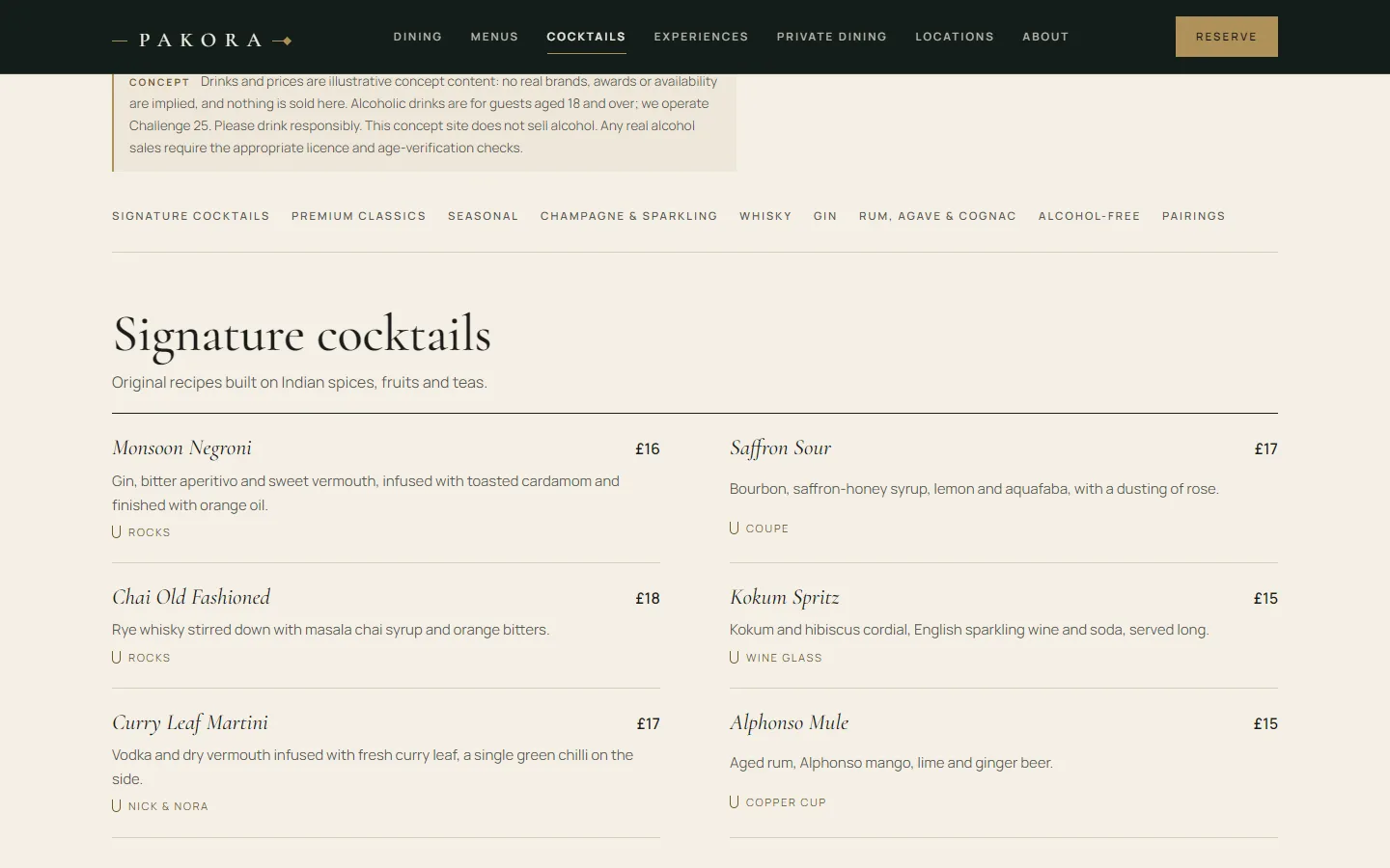 PAKORA cocktails page listing signature cocktails with prices and glassware