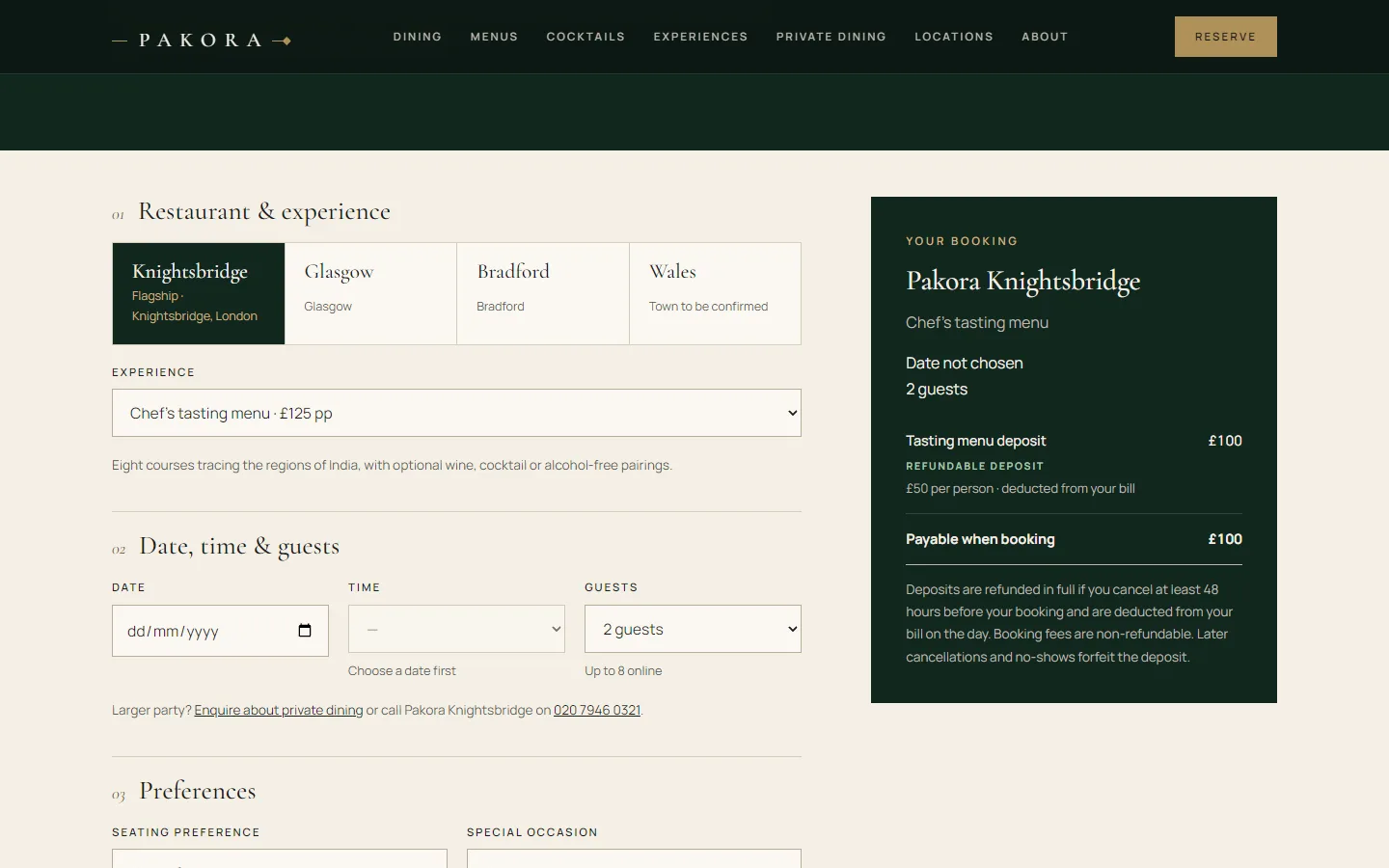 PAKORA reservation journey with branch selection, experience, date and guests, and a summary showing a refundable tasting menu deposit