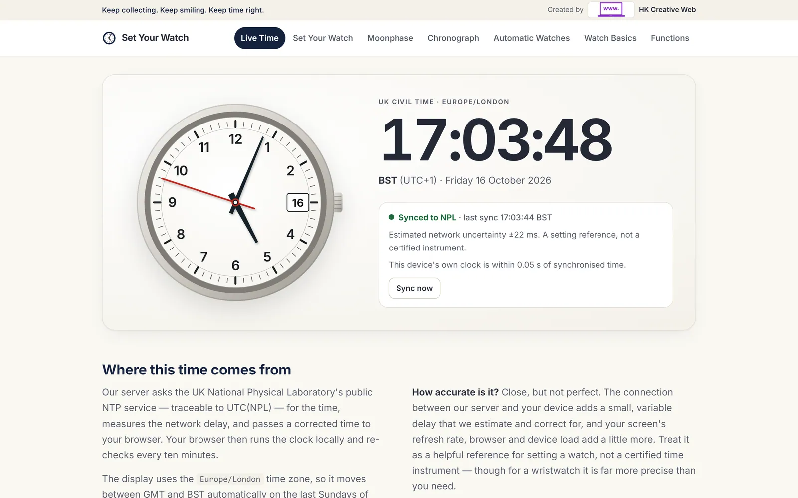 Set Your Watch UK website homepage with a live analogue and digital UK clock